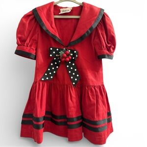 Vintage Bonnie Jean Red and Black Sailor Dress VTG Made in USA Cherry Bow